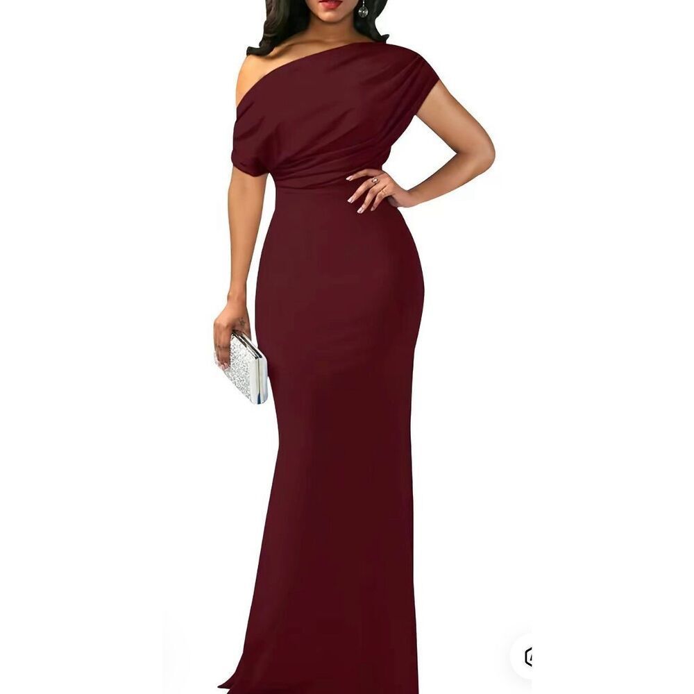 LuFeng Women’s Size M Off Shoulder Long Gown Burgundy Wine Elegant Formal Event